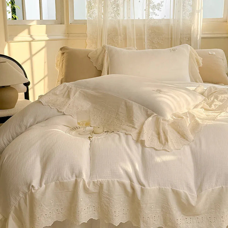 Elegant Wide Lace Solid Bedding Set