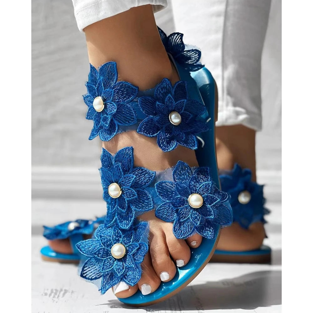 Beautiful Summer Ring Flower Flat Sandals