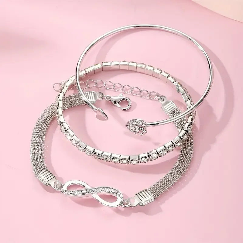 3pcs/Set Vintage Crystal Rhinestone Heart Bracelets