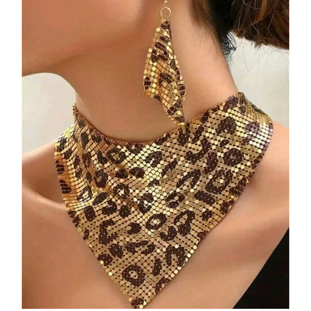 Vintage Leopard Print Necklase and Earrings Jewelry Set