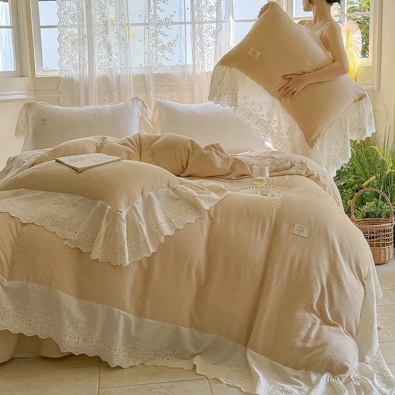 Elegant Wide Lace Solid Bedding Set