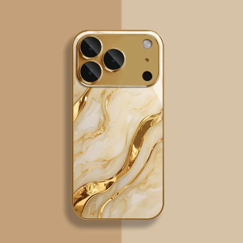 Golden Marble Waves Metallic Tempered Glass iPhone Case