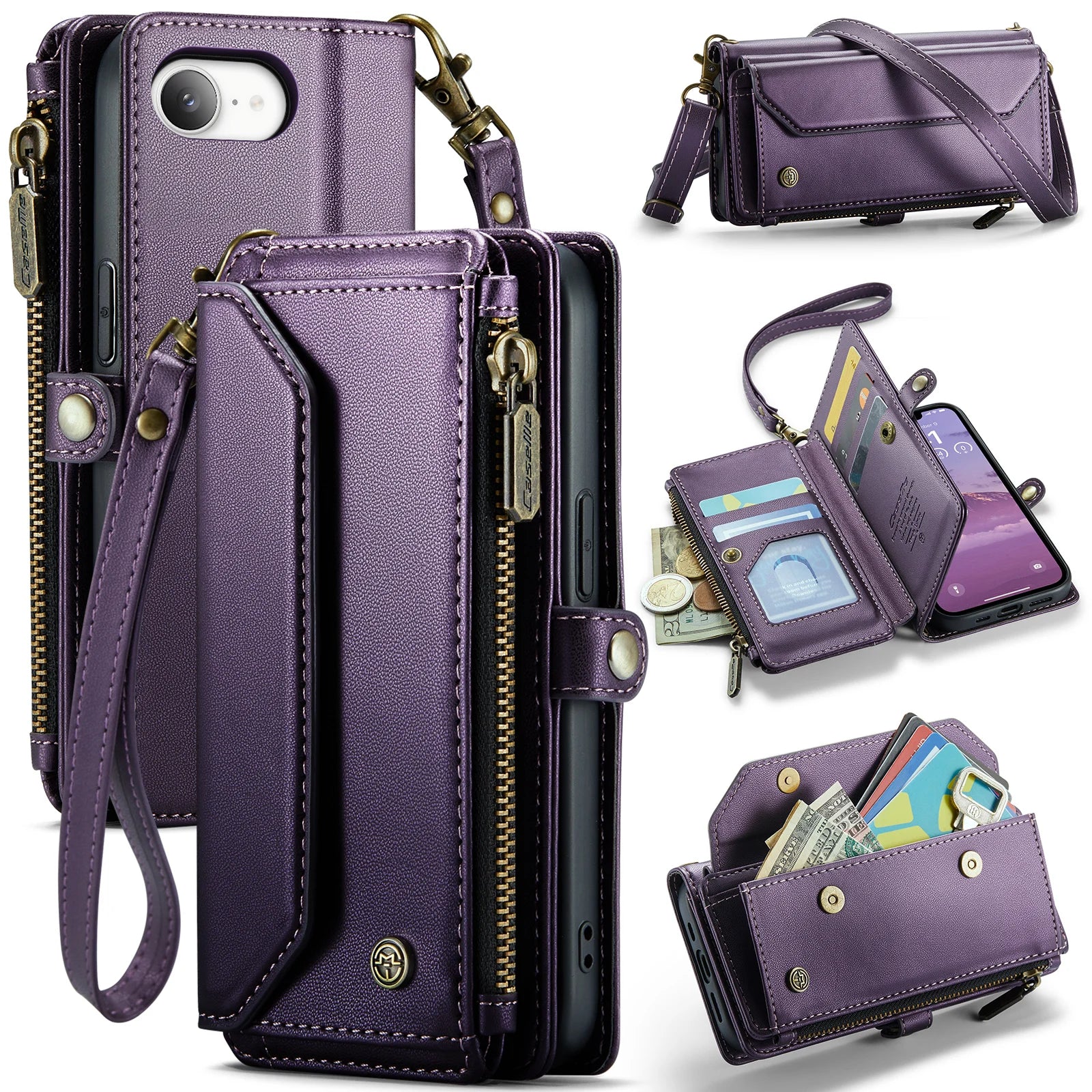 Leather Strap Zipper Card Holder Phone Wallet  Case for iPhone