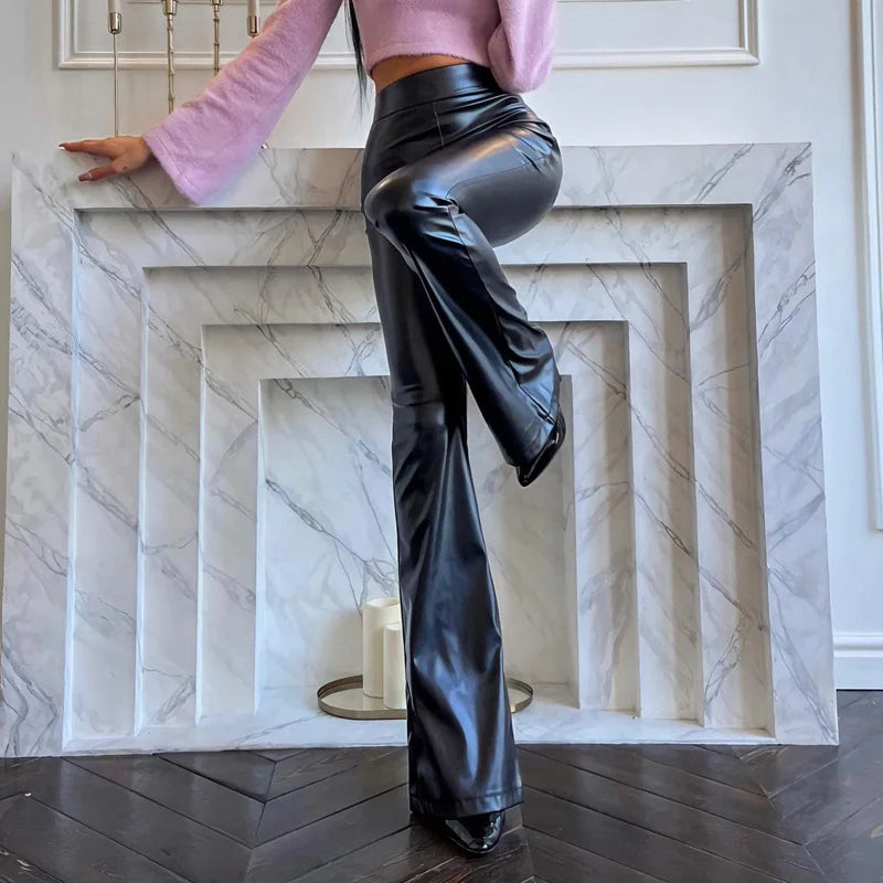 Elegant PU Leather  High Waist Pants