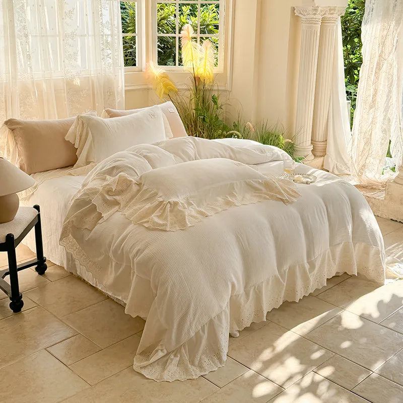 Elegant Wide Lace Solid Bedding Set