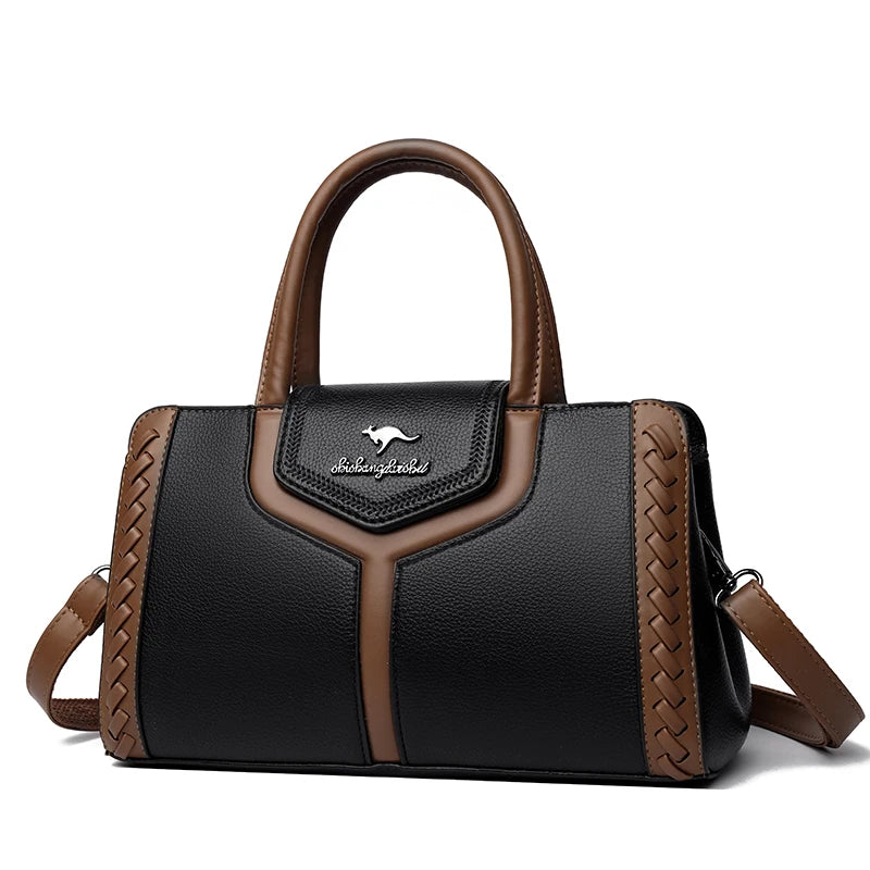 Two Color Genuine Soft Leather 3-layer Top-Handle Bag