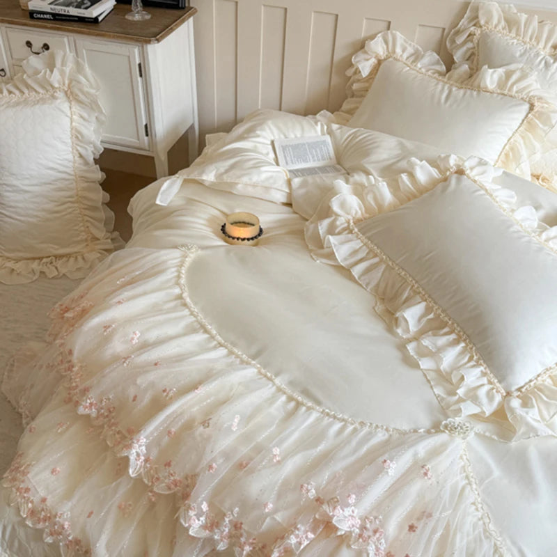 Elegant White/Pink Lace Ruffle Egyptian Cotton Bedding Set