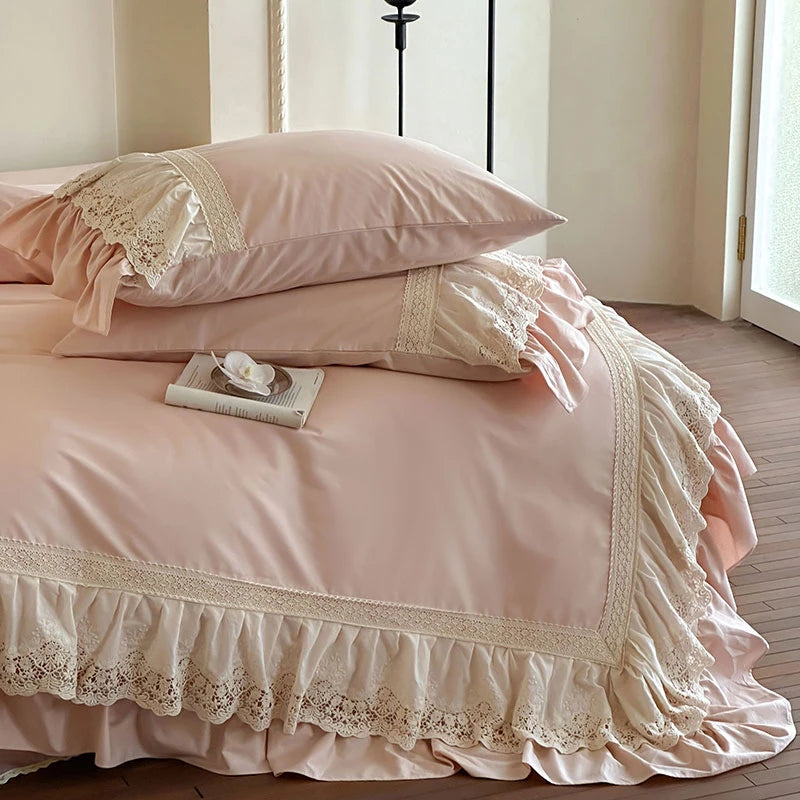 Elegant French Lace Ruffle Bedding Set 100% Cotton