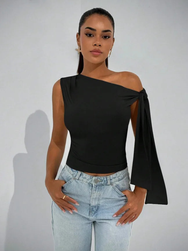 Women’s Elegant Sleeveless Slim Fit Top with Knot Necktie
