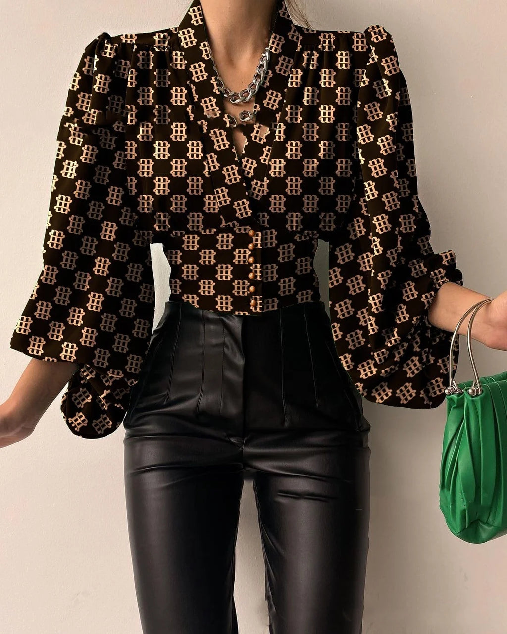 Elegant Lantern Long Sleeve  V-neck Blouse