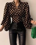 Elegant Lantern Long Sleeve  V-neck Blouse