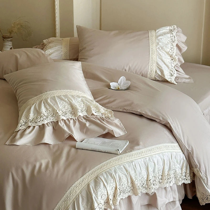 Elegant French Lace Ruffle Bedding Set 100% Cotton