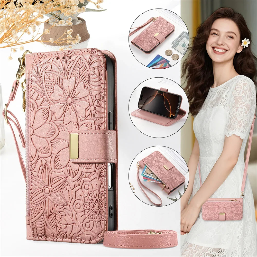 Leather Zipper Wallet Crossbody iPhone Case