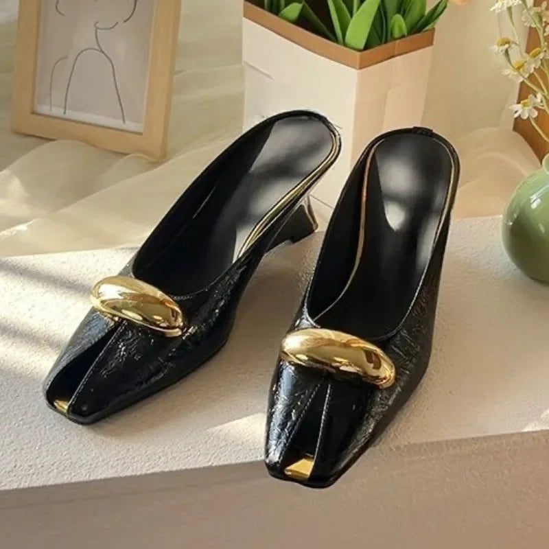 Square Toe Metal Buckle Wedge Retro Baotou Women's Sandals