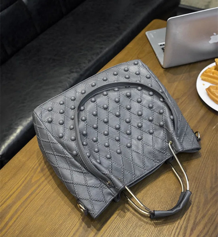 Soft Black Genuine Leather Rivet Large Handbag