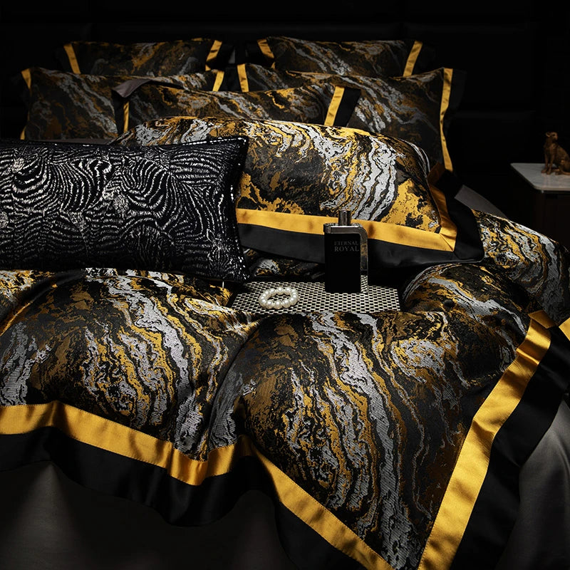 Luxury Black Gold Satin Jacquard Bedding Set 1000TC Cotton