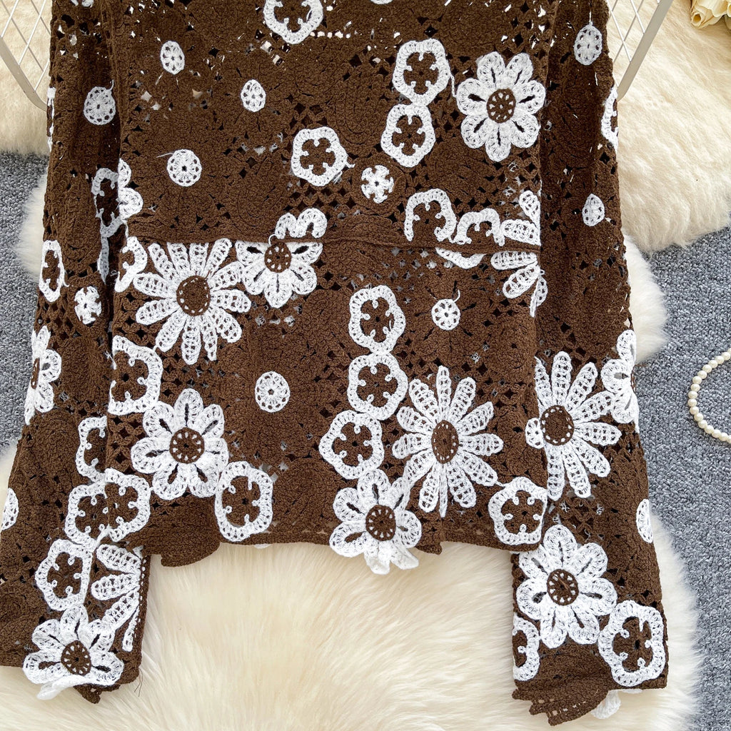 Elegant Hollow Floral Knit Pullover