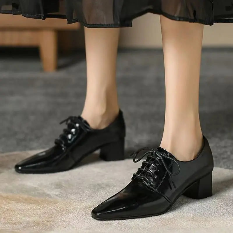 Women’s Square Toe Chunky Heel Leather Loafers