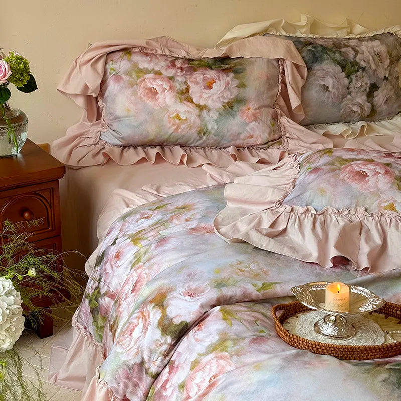 Luxurious  Chic Vintage Rose French Ruffle Fringe Bedding Set 100% Cotton